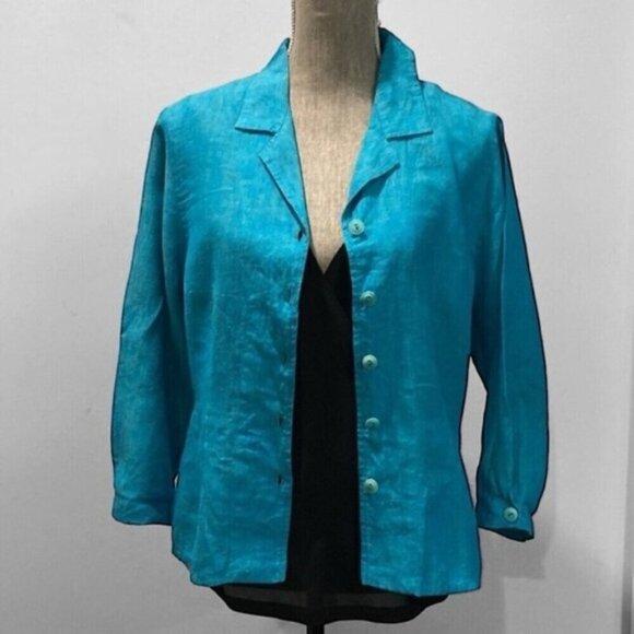 Flax Linen Long Sleeve Jacket Blue top - Picture 2 of 16
